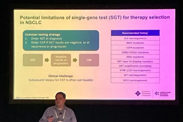 Presentor at CB Exchange showing a slide labeled: "Potential limitations of single-gene test (SGT) for therapy selection in NSCLC