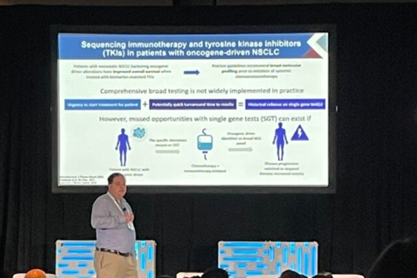 Labcorp Employee presenting at the CB Exhange. Presentation is titled: Sequencing immunotherapy and tyrosine kinase inhibitors (TKIs) in patients with oncogene-driven NSCLC