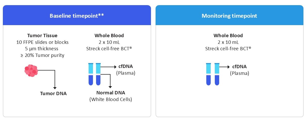A two‑panel graphic compares baseline and monitoring sample needs. Baseline includes tumor tissue (10 FFPE slides or blocks, 5 μm thick, ≥20% purity) yielding tumor DNA, and whole blood (2 × 10 mL Streck cell‑free BCT) yielding cfDNA from plasma and normal DNA from white blood cells. Monitoring requires whole blood only, producing cfDNA from plasma.